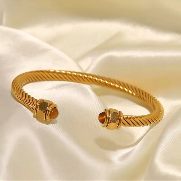 Adelaide Tiger Eye 18K Gold Stainless Steel Cuff Bracelet - Picture 3 of 8